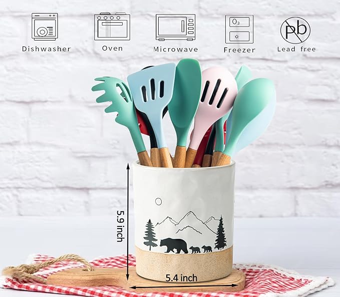 dgudgu Bear Ceramic Kitchen Countertop Utensil Crock White Large Cooking Utensil Holder