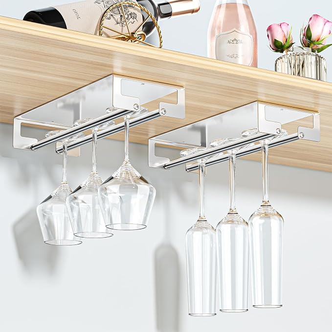 2Pcs Wine Glass Holder Under Cabinet or Shelf, Stainless Steel Stemware Rack, Hanging Wine Glass Storage Organizer for Bar Kitchen Restaurant, Silver