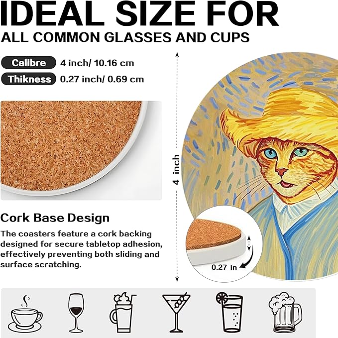 zcyhtqp, Funny Absorbent Round Ceramic Stone Coasters Set of 4 with Cork Base, Art Painting Style Beverage Coasters, Gifts for Home, Kitchen, Bar, Coffee Table, Office Table Décor