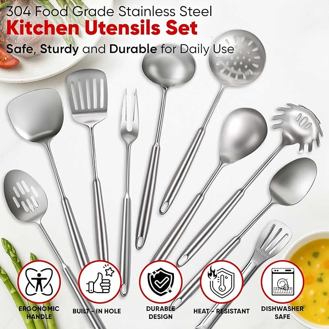 Newness 11 Pcs Cooking Utensils Set, 304 Stainless Steel Kitchen Utensils Set, Metal Kitchen Accessories, Include Soup Ladle, Slotted Skimmer Spoon, Spaghetti Spoon and Spatula, Dishwasher Safe