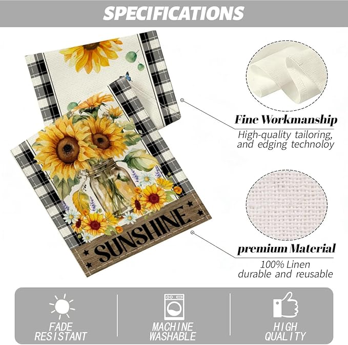 Sunflower Table Runner, Buffalo Floral Table Runners 13x72 inches, Sunflower Living Room Kitchen Dining Decor for Seasons Spring Summer Fall Farmhouse Home Party Indoor Outdoor Decor