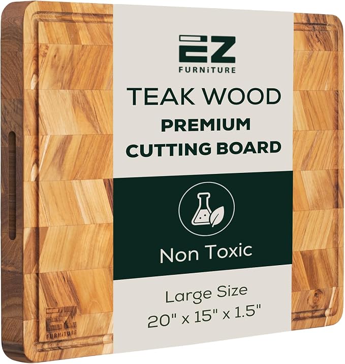 EZ FURNITURE Large (L) Teak Edge Grain Cutting Board, Reversible, Knife-Friendly Charcuterie Butcher Block with Juice Groove & Handles, Non-Toxic, Gift Box Included (Herringbone, 20" x 15" x 1.5")