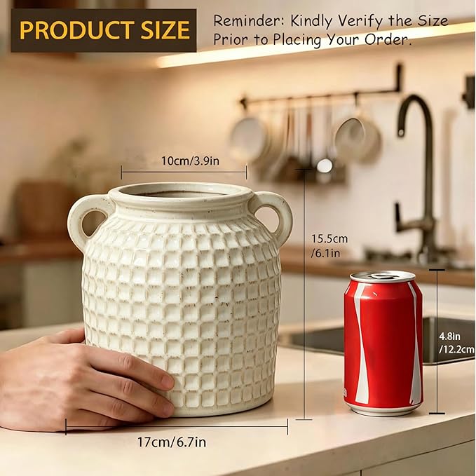 Rustic Kitchen Utensil Holder ,6.7" Modern Farmhouse Double Ear Ceramic Utensil Crock for Countertop, Vintage Kitchen Counter Decor Party Supplies Spoon Spatula Organizer (white)