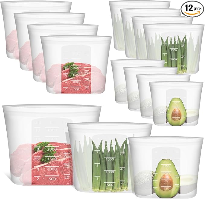 Reusable Storage Bags, Large-Size Set, 12 Pack 100% Silicone Food Storage Bags Stand Up Zip Lock Bags for Food, Freezer Microwave Oven Dishwasher Safe, 4 XL-0.8 Gallon + 4 L + 4 M, Translucent