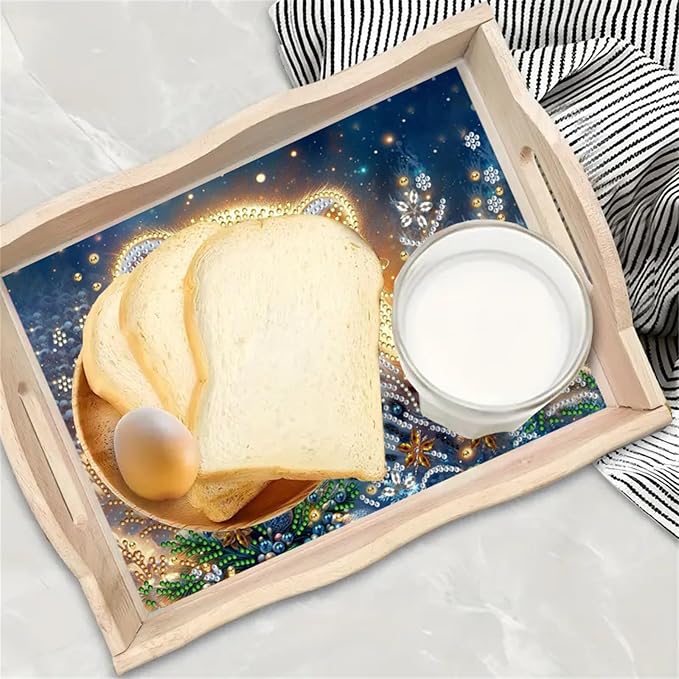 DIY Diamond Serving Tray with Handle Handmade Diamond Art Painting Wooden Rectangular Breakfast Tray for Dinner Plate Coffee Room Living Home Organizer-Tiger