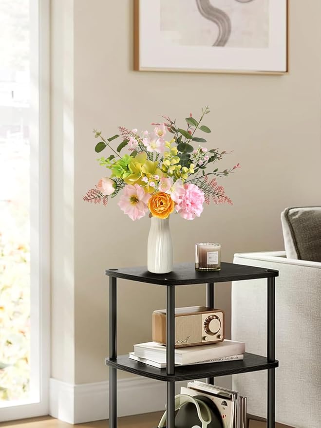 Small 11.8" Artificial Flowers in Ceramic Vase - Yellow Pink Silk Flower Centerpiece for Dining Table, Office, Wedding & Farmhouse, Home Decor Gifts