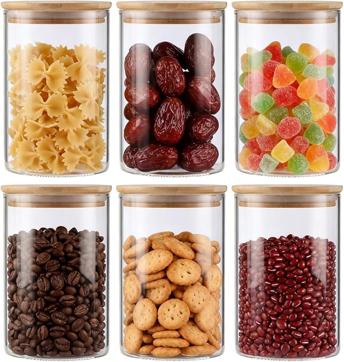 6-Pack Glass Storage Jars with Bamboo Lids Single 32 fl oz/950ml, Glass Canister Set, Airtight Containers for Kitchen Dry Goods, Coffee, Tea, Sugar,Flour,Candy, Cookie, Pasta