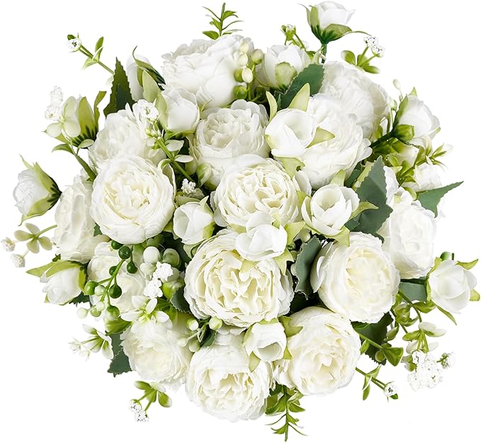 Mkono Peonies Artificial Flowers, Small Silk Flowers for Home Decor Indoor Fake Bouquet Faux Floral Arrangements Dining Table Centerpieces for Kitchen Party Decor White