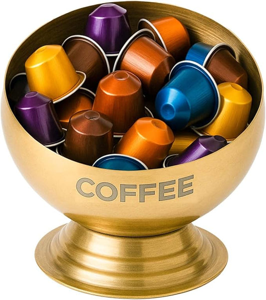 Coffee Pod Holder, Gold Metal Coffee Pod Storage, Capsule Container Bowl, Coffee Pod Organizer for Kitchen Counter and Office Desktop (Gold)