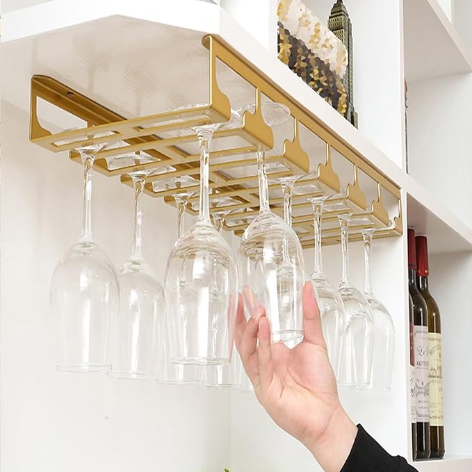 Wine Glass Holder Under Cabinet, Gold Metal Wine Glass Hanger, Hanging Stemware Rack with Screws for Bar Kitchen (Color : B, Size : 24inch/61cm)