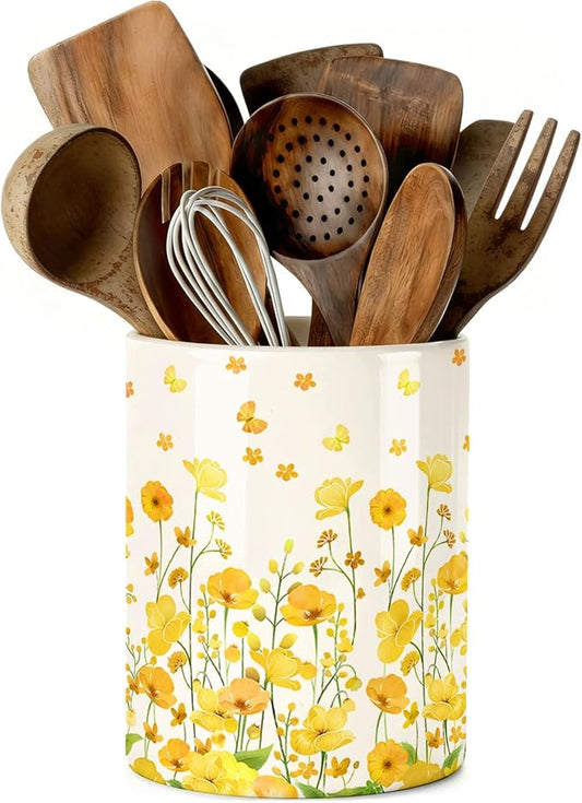 Yellow Flowers Utensil Holder, Ceramic Kitchen Utensil Holder, Utensil Crock for Home Kitchen Countertop Storage Organizer Container, Large Holder for Spatulas, Spoons, Kitchen Counter Decor, 6"