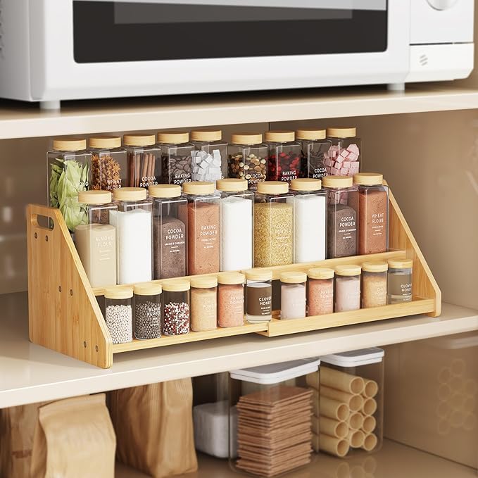 NiHome Cabinet & Countertop Expandable 3-Tier Bamboo Spice Rack for Spices, Jars, Office Supplies, Adjustable Length 12.6"-23.6" Multi-Purpose Natural Bamboo Organizer for Kitchen, Pantry, Bathroom