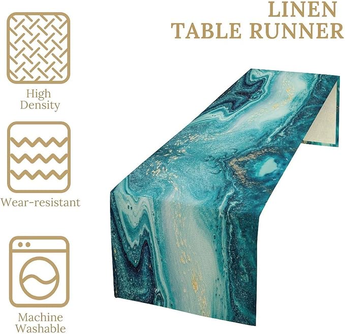 Marble Table Runner, Abstract Teal Modern Luxury Texture Printed Linen Table Runners for Living Room Farm Kitchen Dining Room Party Holiday Home Decor 13" W x 48" L