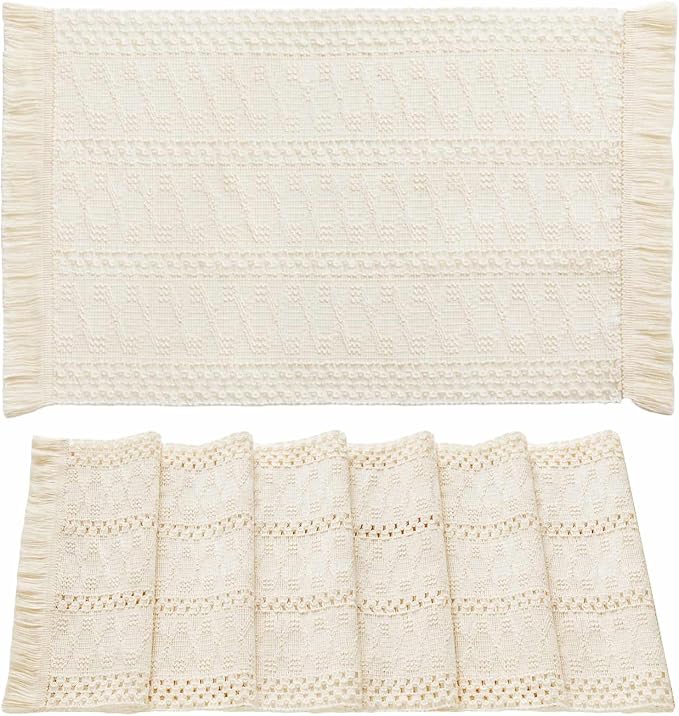 ZeeMart Macrame Style Boho Placemats Set of 6, Ivory 12x20 Inch | Decorative Farmhouse Table Mats, Natural Cotton Woven Place Mats, Bohemian Home Decor for Kitchen Dining Table