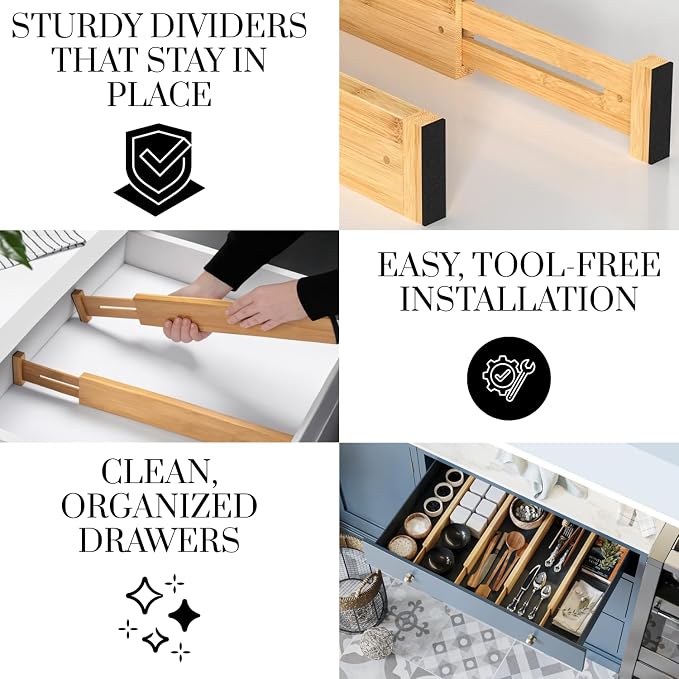 Expandable Bamboo Drawer Dividers 8 pack with labels(17"-22") Drawer Organizer for Kitchen, Clothes,Utensils,Silverware,Dresser,Office,Desk