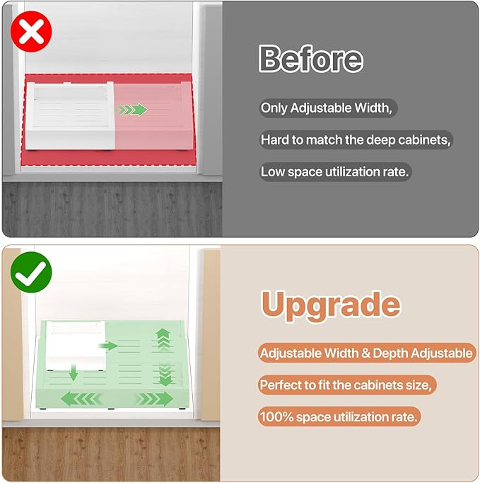 1 Pack Pull out Cabinet Organizer, Width (10"-16") Depth (17"-25"), with 3 Rails Adjustable Slide, Expandable Pullout Drawers for Cabinets, No Drill Adhesive Kitchen Drawers for Pantry Shelves