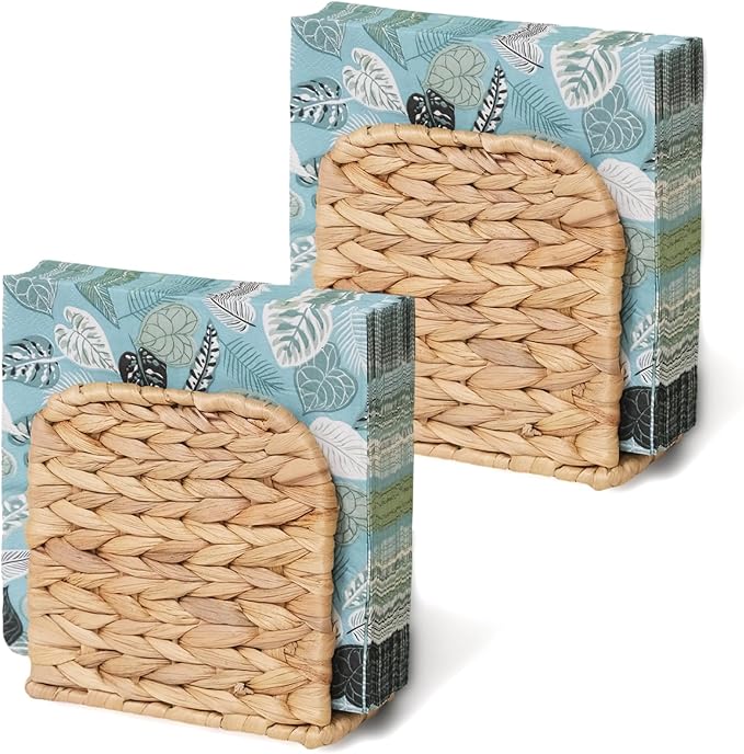 2 Pack Water Hyacinth Napkin Holder for Table, Handwoven Wicker Upright Napkin Holder, Boho Farmhouse Paper Napkin Holder for Kitchen Countertop Dining Room Party