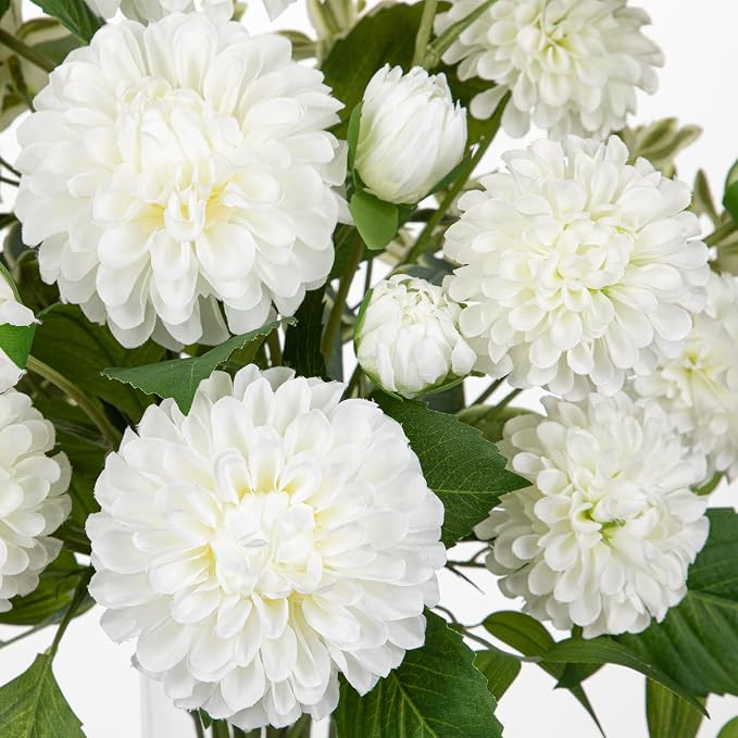 Hollyone White Fake Flowers in Vase Dahlia Artificial Flowers in Glass Vase with Faux Water Dahlia Silk Flower Arrangements for Bathroom Office Table Centerpiece Shelf Decorations Home Decor