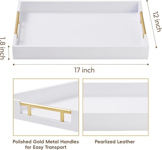 Serving Tray for Ottoman - 17"x12" Large Wood and Faux Leather Decorative Tray for Coffee Table Platter, Living Room Decor, Bathroom - Rectangle Tray with Gold Polished Metal Handles