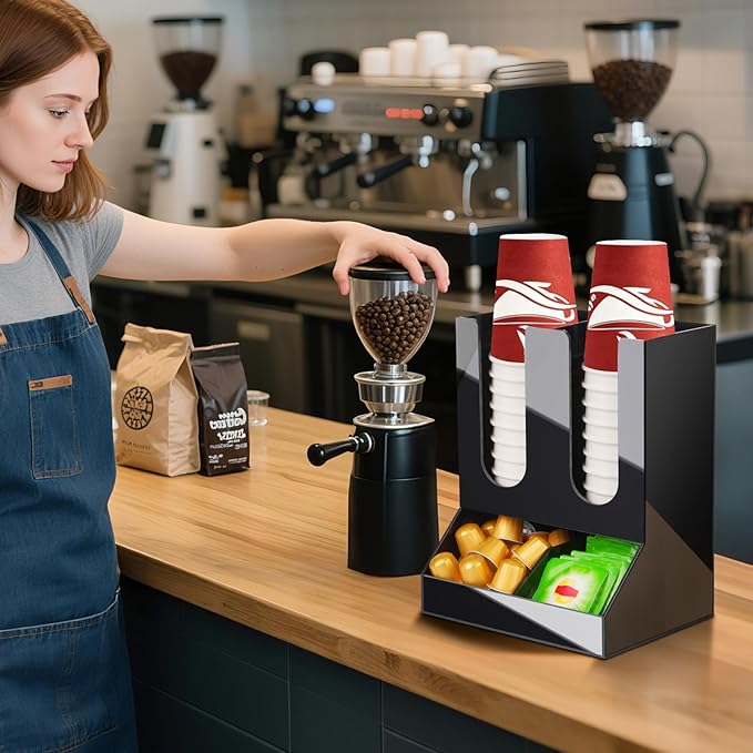 MYITYARD Coffee Cup Holder, 2-Tier Cup and Lid Organizer fits 5 to 16oz Paper Cups, Acrylic Condiment and Cup Storage Organizer, Coffee Station Organizer for Pods, Syrup, Stirrer, 4 Compartments