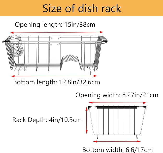 NiuYichee Stainless Steel Dish Drying Rack(15"L x 8.3"W x 4.2"D), Expandable Fruit & Vegetable Drain Rack over Sink, Dish Drainer Rack in Sink, with Stainless Steel Utensil Holder & 16" Silicone Mat