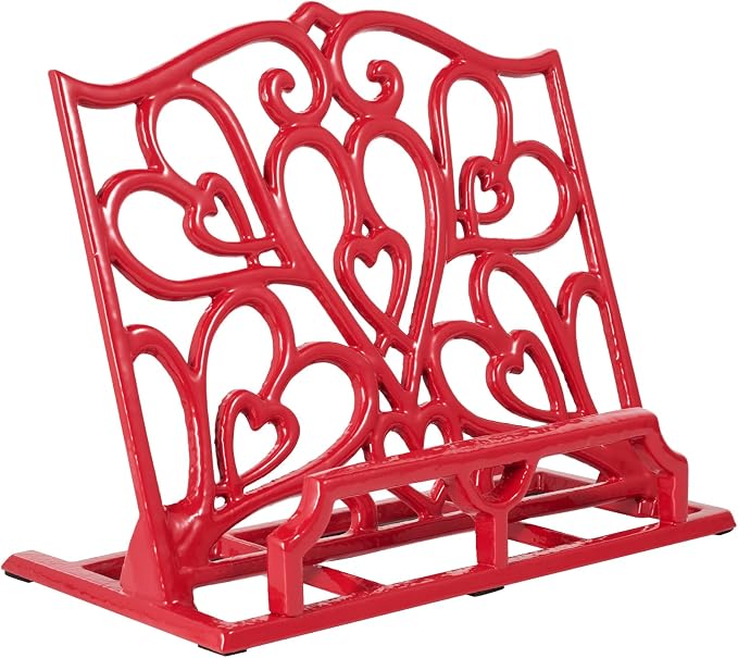 JOGREFUL Cookbook Stand, Cast Iron Heavy-Duty Recipe Book Holder, Kitchen Vintage Recipe Book Holder, Reading Rest Holder for Easel/Counter/Books/Magazine/iPad/Bible, Love Heart Pattern, Red