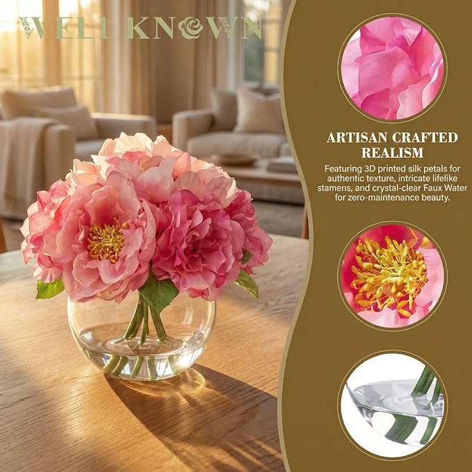 WELL KNOWN Artificial Flowers in Vase, Silk Peonies Bouquet with Faux Water, Fake Peony Pink Flower Arrangement for Home Wedding Birthday Party Dining Table Centerpiece Spring Decor & Mom's Gift
