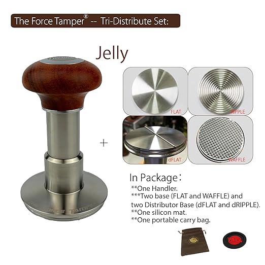 KuGuo The Force Tamper Automatic Impact Adjustable Constant Pressure and Autoleveling Coffee Tamper Reddish Brown Jellyfish Wooden Handle Set Pro (TRI-Distribute Set, 58.35mm)
