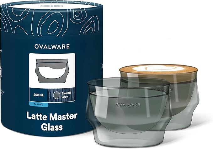 ovalware 8.5oz Double Wall Latte Cups, Latte Set of 2 - Latte Glasses for Cold & Hot Drink, Palm-Sized Cups with Wide Rim for Artistic Designs - Stealth Gray