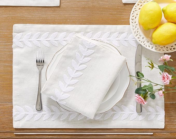 Wracra Embroidered Placemats, 13 x 18 Inch Set of 4 Placemats, Irregular Willow Rustic Place Mats for Kitchen Table and Heat Resistant, White 4PCS