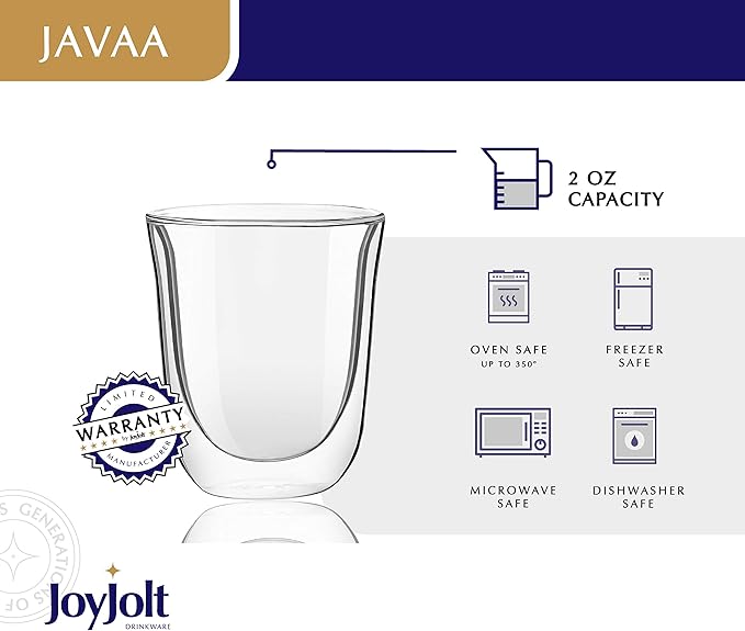 JoyJolt Javaah Double Walled Espresso Glasses Espresso Cups Set of 4 | 2-Ounces