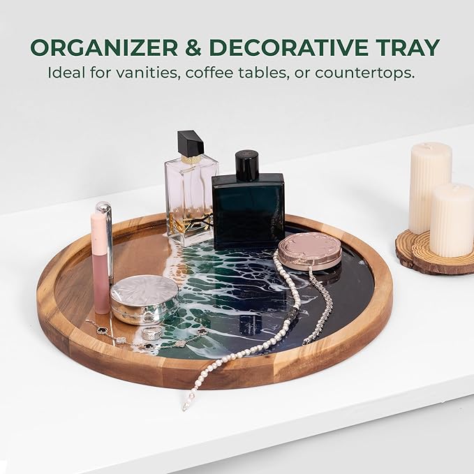 Acacia Wood Serving Tray with Ocean Resin Art, 15.8" x 15.8" Handcrafted Charcuterie Cheese Board for Kitchen Meal Prep, Includes Stand & Loofah, Housewarming Christmas Gift & Decor (Round)