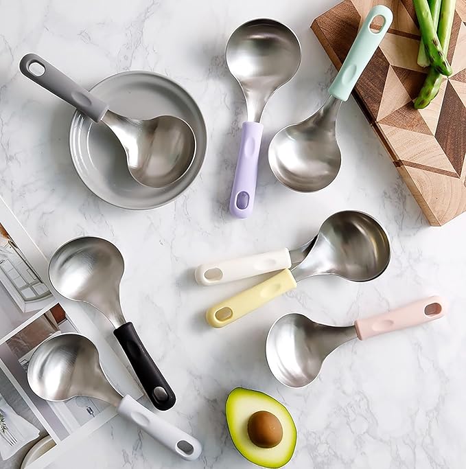 Korean Mukbang Spoon, Serving Spoon, Multipurpose Stainless Steel Ladle Silicone handle Serving Cooking Ladle 먹방 스푼,미니 국자, 서빙스푼 전현무 국자 (Mint)