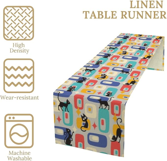 Mid Century Modern Table Runner, Black Cat Abstract Atomic Starburst Geometric Diamond for Kitchen Dining Decor for Kitchen Family Dinner Table Holiday Party Farmhouse 13 x 60 in