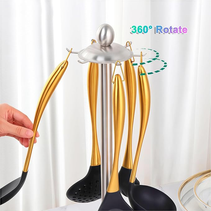 Silicone Cooking Utensils Set, 17pcs Kitchen Utensil Set with Rotatable Holder, Heat-Resistant Silicone Utensils for Cooking, Non-Stick Spatula Set with Stainless Steel Handle,Turner,Ladle (Gold)