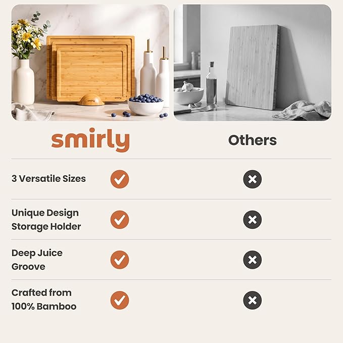 SMIRLY Bamboo Cutting Boards for Kitchen - Wood Cutting Board with Handle and Juice Groove - Wooden Chopping Board Set of 3 with Holder
