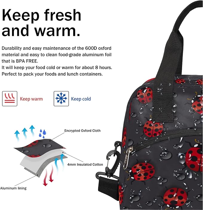 Pardick Funny Animal Ladybug Insulated Lunch Bag with Detachable Shoulder Strap Tote Bag for Women Men Adult Reusable Containers Organizer Thermal Cooler Bag for School Work Travel Lunch Box