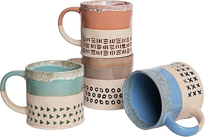 Bosmarlin Ceramic Coffee Mug Set of 4, 19 Oz, Coffee Cups with Big Handle, Microwave Safe, Unique Reactive Glaze (Multicolor)
