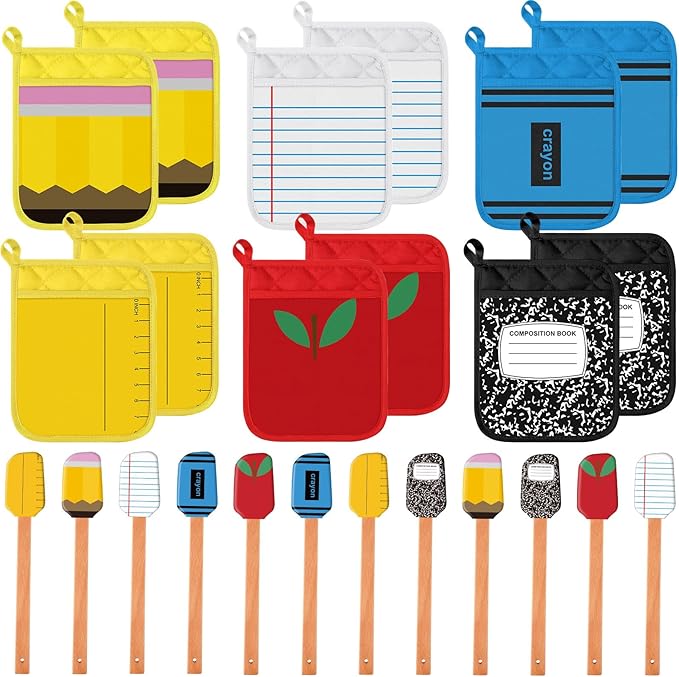 Yaomiao 24 Pcs End of Year Teacher Gifts Appreciation Pot Holders with Silicone Spatula Gifts Set Wooden Handles Pot Holders Thank You Teacher Kitchen Utensils Baking School Party Favor