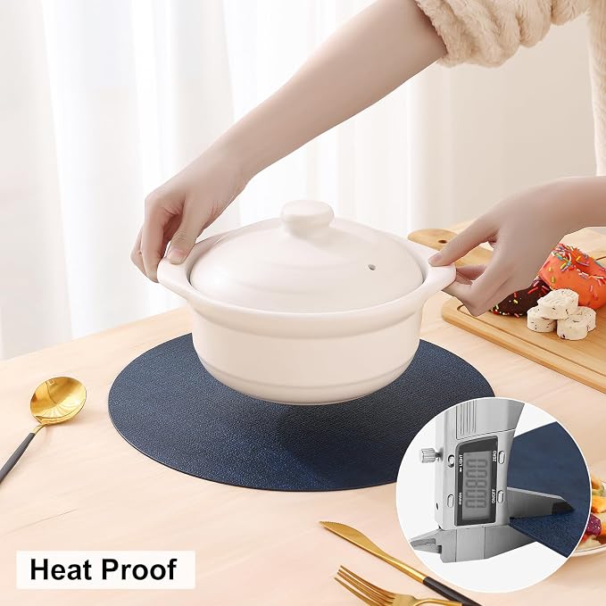homing Round Faux Leather Placemat and Coaster 8 Packs, Washable Heat Resistant Dining Place Mats, Wipeable Double-Sided Table Mats for Indoor and Outdoor, Diameter 13 and 3.93 inch, Navy