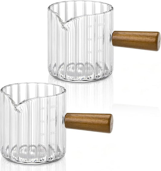 2 Pack Espresso Measuring Cups, 4oz Borosilicate Glass Espresso Shot Glasses with Wood Handle, V-Shaped Spout Ribbed Milk Frothing Cup, Measuring Cup for Coffee, Latte, Cappuccino, Tea, Syrup