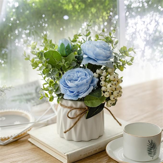 EOBTAIN Fake Flowers with Vase Blue Silk Flowers for Coffee Table Decor Faux Potted Flowers Decoration for Indoor Ceramic Vase with Artificial Flowers Home Decor,Dining Table Centerpiece.