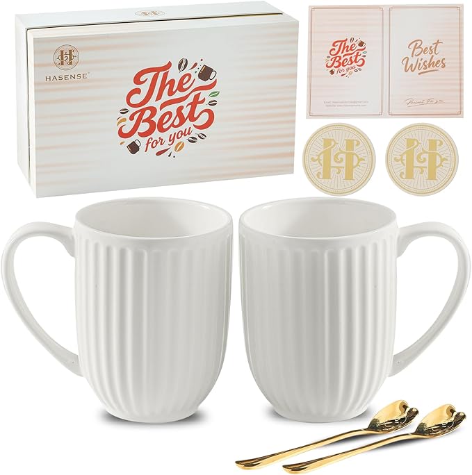 HASENSE Coffee Mugs Set of 2, 20 oz White Ceramic Coffee Cups Gift for Men and Women, Premium Large Latte Mugs with Handle, Modern Ribbed Design Tea Cups Come with Coaster & Gold Spoon Gift Box