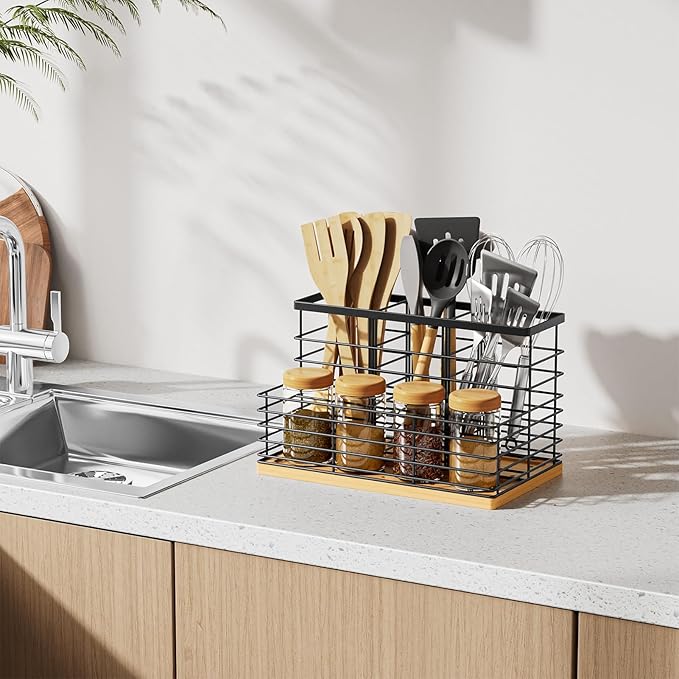 VITVITI Kitchen Utensil Holder for Counter, Large 4 Compartments Metal Bamboo Utensil Organizer, Farmhouse Cooking Utensils Holder Caddy for Countertop, Black