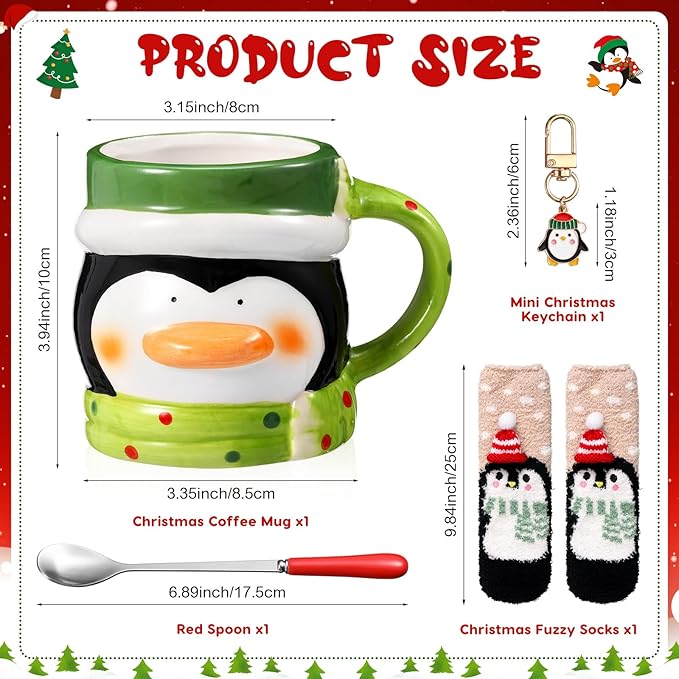 Sliner 4 Pcs Penguin Mug Gifts Set Include Christmas Coffee Mugs 17 oz with Red Spoons Funny Winter Fuzzy Socks Mini Penguin Keychains Hot Chocolate Cup for Women Men Xmas Holiday Birthday Gifts