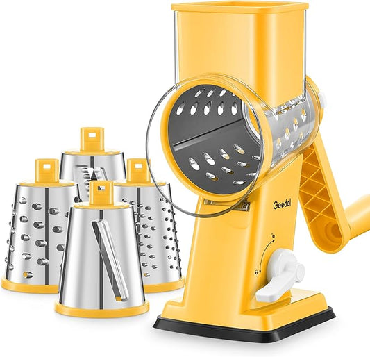 Geedel Rotary Cheese Grater - Upgraded Vegetable Shredder with 4 Interchangeable Blades, Easy to Clean Cheese Shredder with Handle, Kitchen Grater Nuts Grinder for Cutting Cheese, Vegetable, Nuts