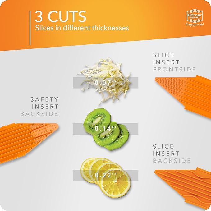 Börner Mandoline Slicer V1 (Basis Set) • V-Slicer with 2 Inserts & Fruit Holder • Adjustable Kitchen Slicer for Vegetables & Fruits • Vegetable Cutter • 3 Thickness Settings • Color: Orange