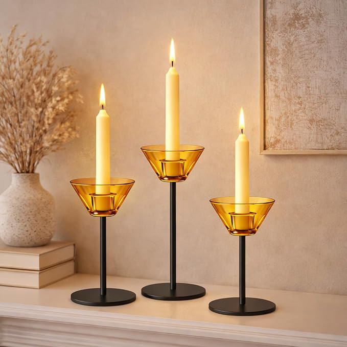 Smytle Amber‑Gold Glass Candlestick Holders with Weighted Black Metal Base, Set of 3 Amber Candle Holders for Both Taper and Tea Light Candles, Boho & Autumn Table Decor, Wedding Centerpiece
