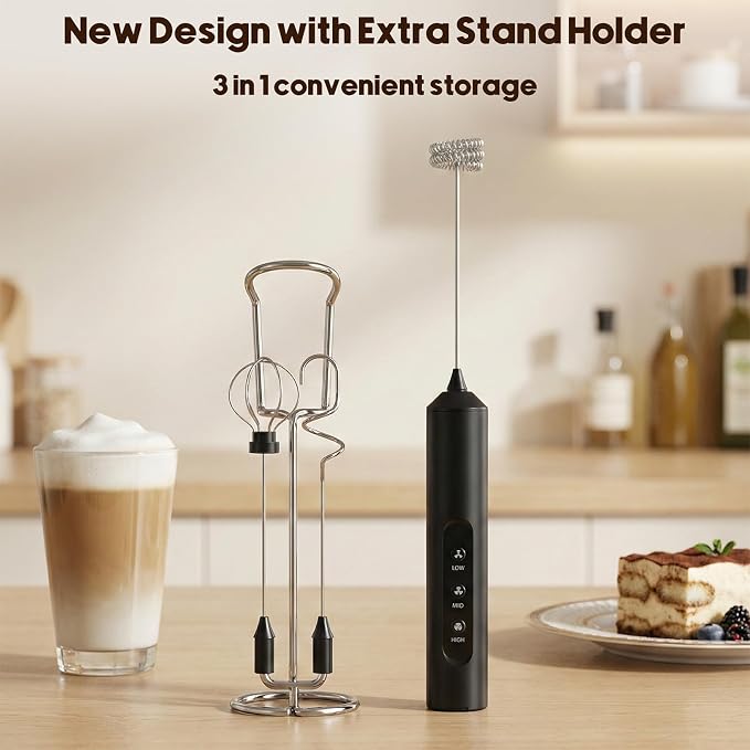 Rechargeable Milk Frother Handheld with 3 Speed, 3 Detachable Whisks with Stand, Electric Coffee Drink Mixer Wand for Cappuccino, Latte, Matcha, Hot Chocolate, Eggs,Protein Black
