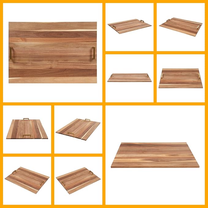 Noodle Board, 29x21in Acacia Wood Stove Top Cover, Kitchen Counter Protector w/Gold Handles, Modern Rectangular Cutting Board, Home Extra Workspace Sink Cover, Easy Clean Decorative Tray, Wood Color